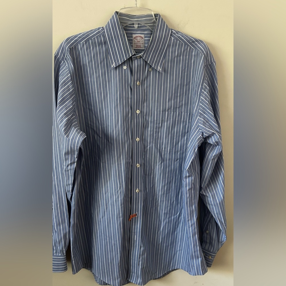 Brooks Brothers Shirt Mens 16 1/2-6/7 Blue/White Stripe 346 Regular Fit Non Iron
